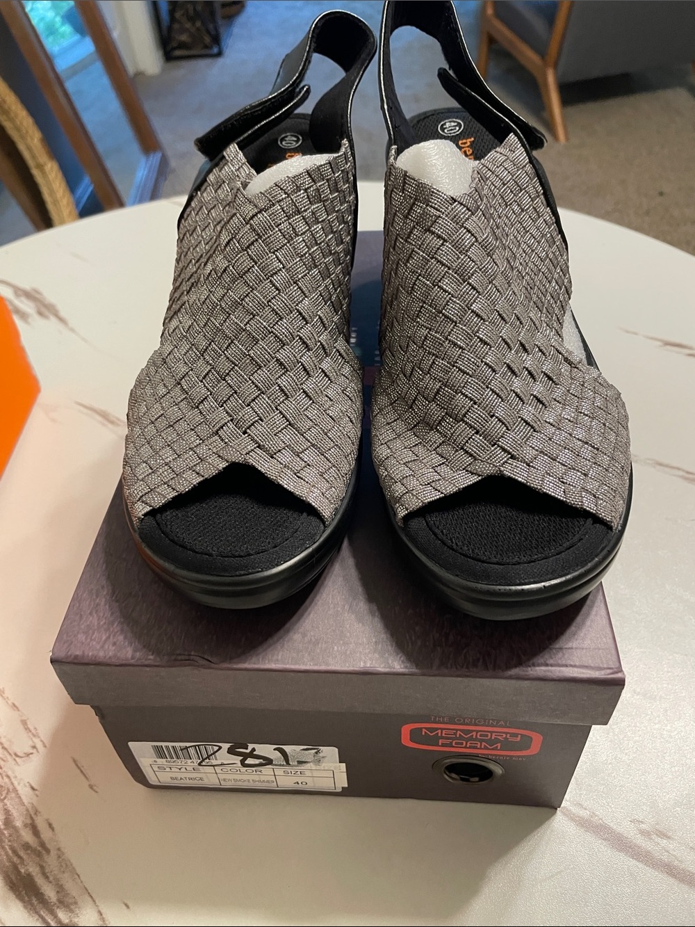 bernie mev. Woven Open-Toe Slingback Sandal in Metallic Silver